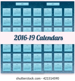 2016 Calendar template. Written by hand. 2017,2018,2019 years. Square flat mosaic design. pack with 4 bright and colourful calendars.