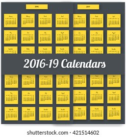 2016 Calendar template. Written by hand. 2017,2018,2019 years. Square flat mosaic design. pack with 4 bright and colourful calendars.