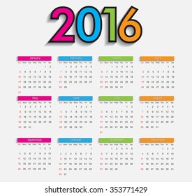 2016 calendar template.Abstract calendar for 2016.Vector illustration.