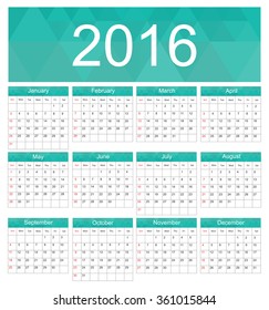 2016 calendar template.Abstract calendar for 2016.Vector illustration.