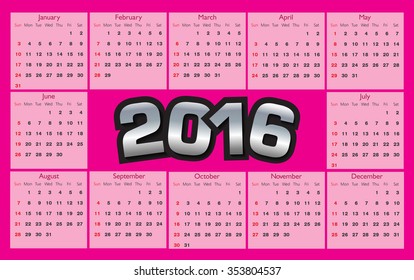 2016 calendar template.Abstract calendar for 2016.Week starts sunday.Vector illustration.