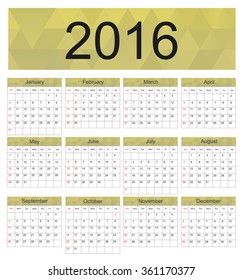 2016 calendar template.Calendar for 2016.Week starts with sunday.Vector illustration.