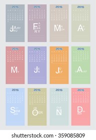 2016 calendar template.Vector calendar for 2016.Week starts with sunday.