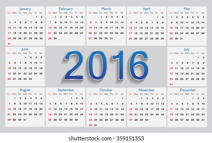 2016 calendar template.Vector calendar for 2016.Week starts with sunday.