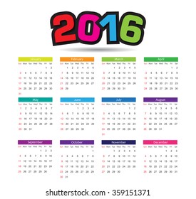 2016 calendar template.Vector calendar for 2016.Week starts with sunday.