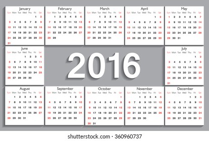 2016 calendar template.Vector calendar for 2016.Week starts with sunday.
