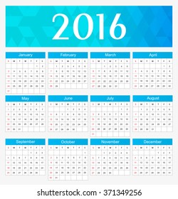 2016 calendar template.Vector calendar for 2016.