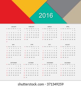 2016 calendar template.Vector calendar for 2016.