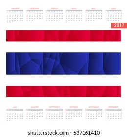 2016 Calendar. Thailand Country Flag. Happy new Year calendar template. Vector illustration