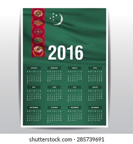 2016 Calendar - Turkmenistan Country Flag Banner - Happy new Year calendar template - Week starts with Sunday - Vector illustration