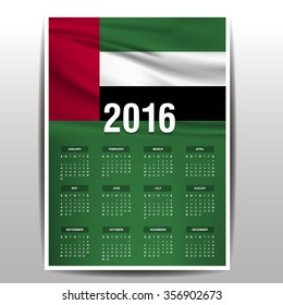 2016 Calendar. United Arab Emirates (UAE) Country Flag. Happy new Year calendar template. Vector illustration