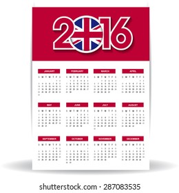 2016 Calendar - United Kingdom UK Country Flag Banner - Happy new Year calendar template - Week starts with Sunday - Vector illustration