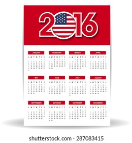 2016 Calendar - United States of America USA Country Flag Banner - Happy new Year calendar template - Week starts with Sunday - Vector illustration