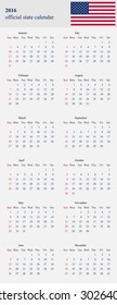 2016 calendar with US holidays. All months and days of the week. American flag in the upper right corner. Vertical rectangle. Two columns with six months. Week starts on Sunday.