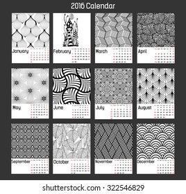 2016 calendar in us style, start on sunday, each month with individual table. Patterned zentangle background, black and white.
