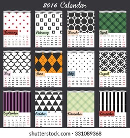 2016 calendar in us style, start on sunday, each month with individual table. Patterned zentangle background, printable calendar