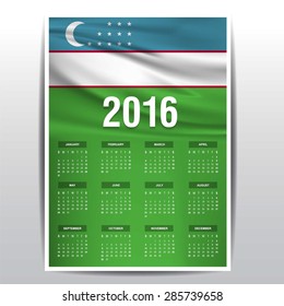 2016 Calendar - Uzbekistan Country Flag Banner - Happy new Year calendar template - Week starts with Sunday - Vector illustration