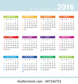 2016 Calendar. Vector of flat calendar for year 2016.