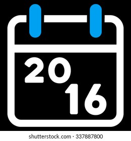 2016 Calendar vector icon. Style is bicolor flat symbol, blue and white colors, rounded angles, black background.