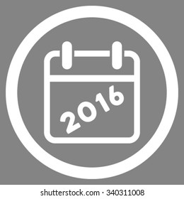 2016 Calendar vector icon. Style is flat circled symbol, white color, rounded angles, gray background.