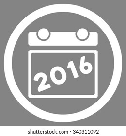 2016 Calendar vector icon. Style is flat circled symbol, white color, rounded angles, gray background.