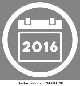 2016 Calendar vector icon. Style is flat circled symbol, white color, rounded angles, gray background.