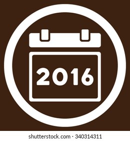 2016 Calendar vector icon. Style is flat circled symbol, white color, rounded angles, brown background.