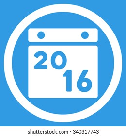 2016 Calendar vector icon. Style is flat circled symbol, white color, rounded angles, blue background.