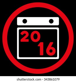 2016 Calendar vector icon. Style is bicolor flat circled symbol, red and white colors, rounded angles, black background.