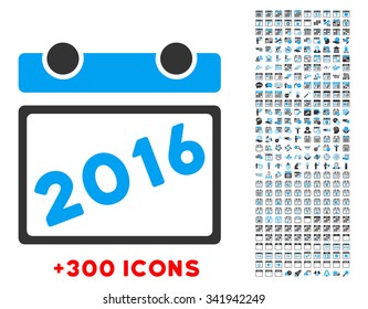 2016 Calendar vector pictogram with additional 300 date and time management icons. Style is bicolor flat symbols, blue and gray colors, rounded angles, white background.