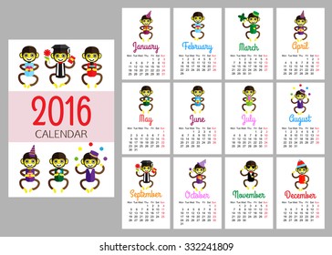 2016 calendar vector print template with funny monkeys wearing different clothes.