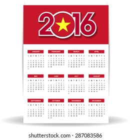 2016 Calendar - Vietnam Country Flag Banner - Happy new Year calendar template - Week starts with Sunday - Vector illustration