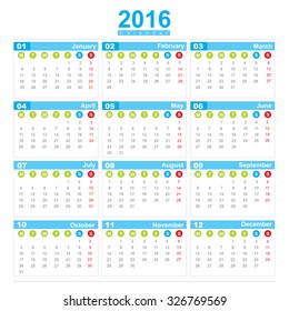 2016 Calendar week start monday on white background vector eps10