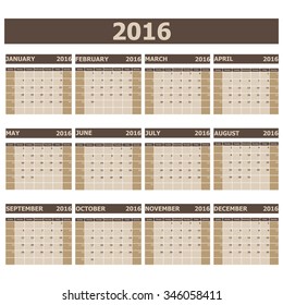 2016 Calendar week starts from Sunday, stock vector