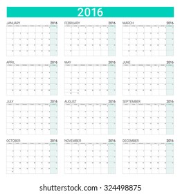 2016 calendar, weeks start from Monday
