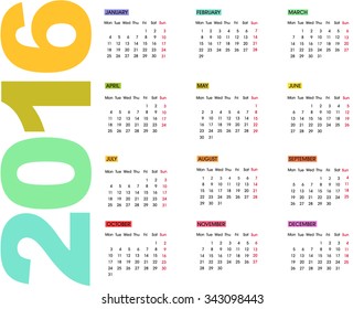 2016 Calendar. Weeks start with Monday. Colorful vector illustration on white background. Easy to edit.