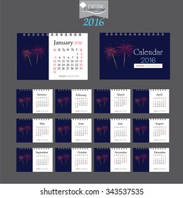 2016 calendar.Desk Calendar 2016. Vector Design Template with firework. vector illustration