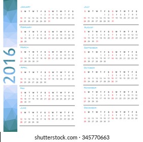 2016 calendar.Vector calendar template.