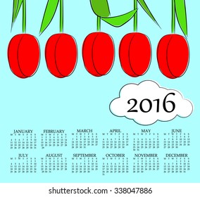 2016 Calendar.Weeks start on Monday.