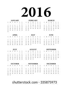  2016 Calendar.Weeks start on Sunday.