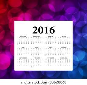 2016 Calendar.Weeks start on Sunday. EPS 10