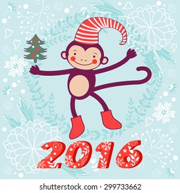 2016 card with cute funny monkey character on floral background in soft colors. Vector illustration
