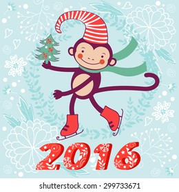 2016 card with cute funny monkey character on floral background in soft colors. Vector illustration
