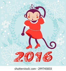 2016 card with cute funny monkey character on floral background in soft colors. Vector illustration