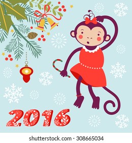 2016 card with cute funny monkey character on floral background in soft colors. Vector illustration
