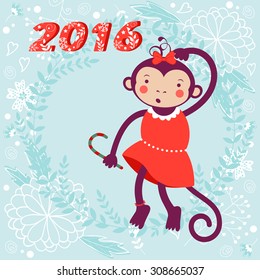 2016 card with cute funny monkey character on floral background in soft colors. Vector illustration