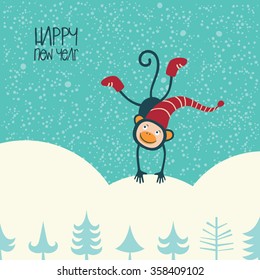 2016 card with cute funny monkey with Christmas tree. Vector illustration.