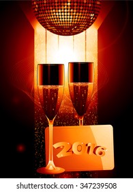 2016 Celebration Background with Champagne Glasses Disco Ball and Gold Message Tag
