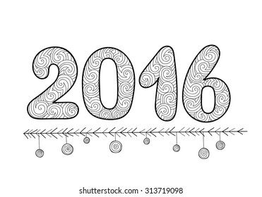 2016 celebration hand drawn zentangle background. Xmas  doodle.