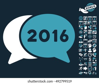 2016 Chat icon with bonus calendar and time management clip art. Vector illustration style is flat iconic bicolor symbols, blue and white colors, dark blue background.